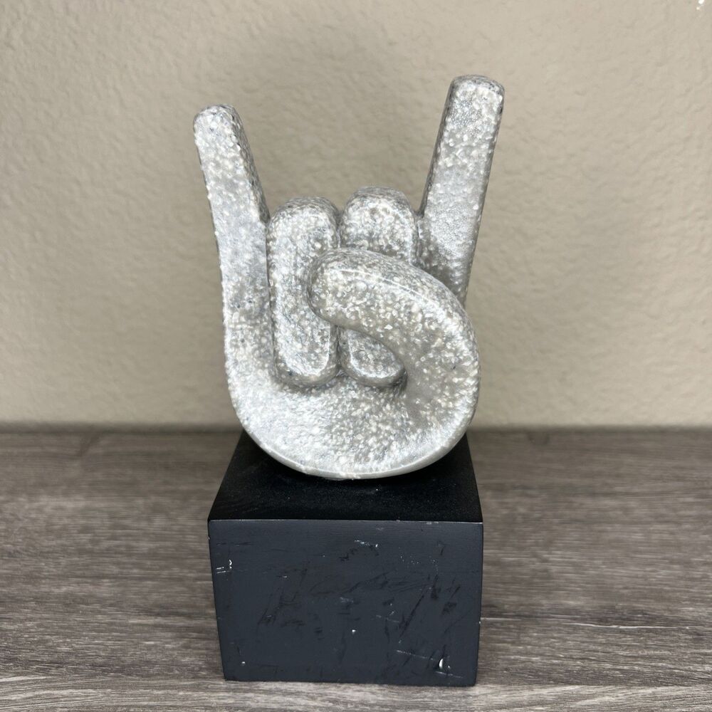 Rock On Hand Gesture Sculpture Statue 7" Stone Hand Art Trophy Gift Bookend
